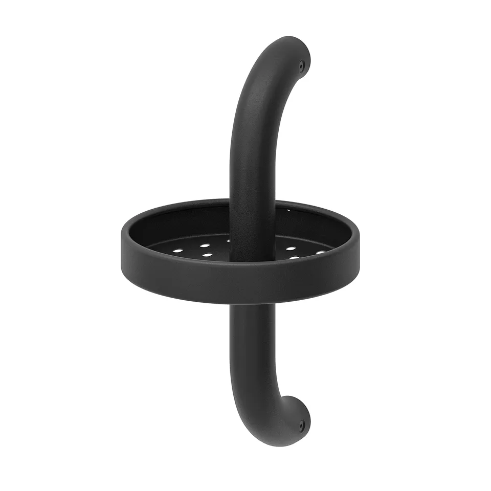 Black BÄSINGEN shower shelf with curved handle, rounded design, and drainage holes.