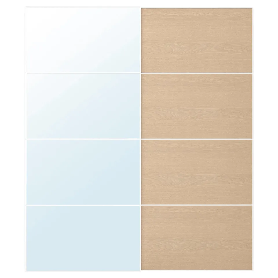 AULI mirrored and wood-effect sliding door. Aluminium frame, glass and fibreboard panels, vertical division.
