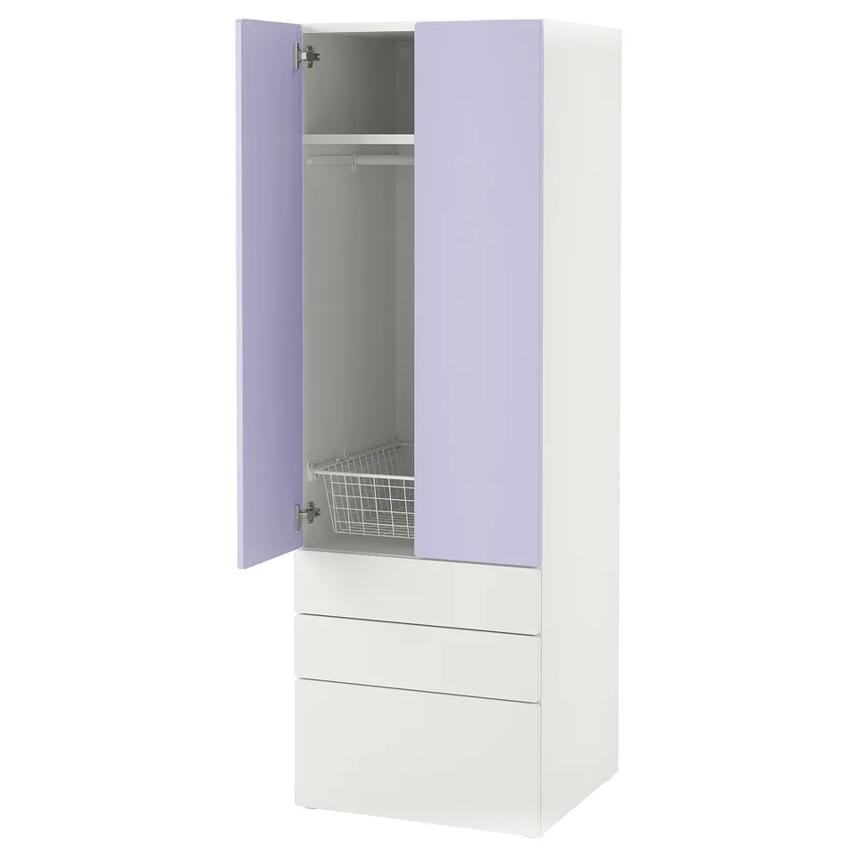 SMÅSTAD wardrobe, purple, white drawers, soft-close doors, wire basket.