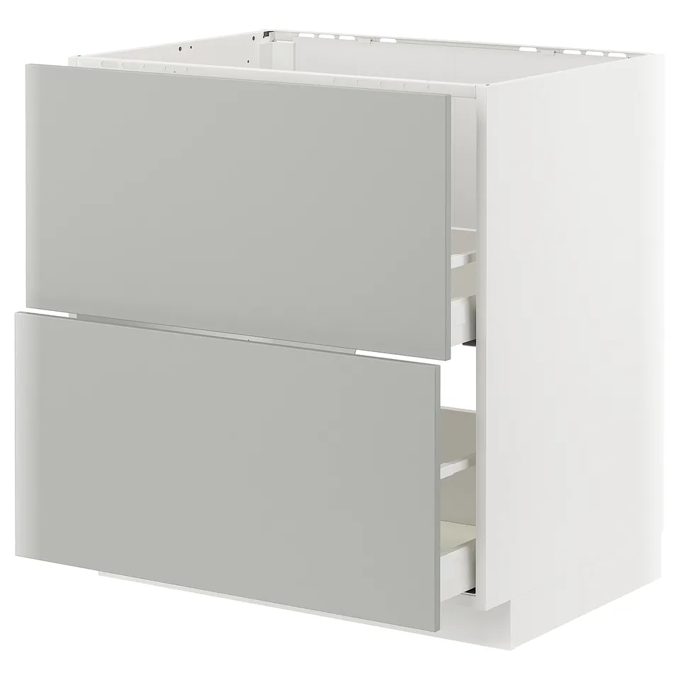 White and grey modern kitchen cabinet with two drawers, rectangular shape, sleek design.