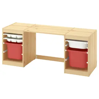 TROFAST desk with storage boxes/trays, light white stained pine/white red, Width 124 x Depth 44 x Height 53 cm