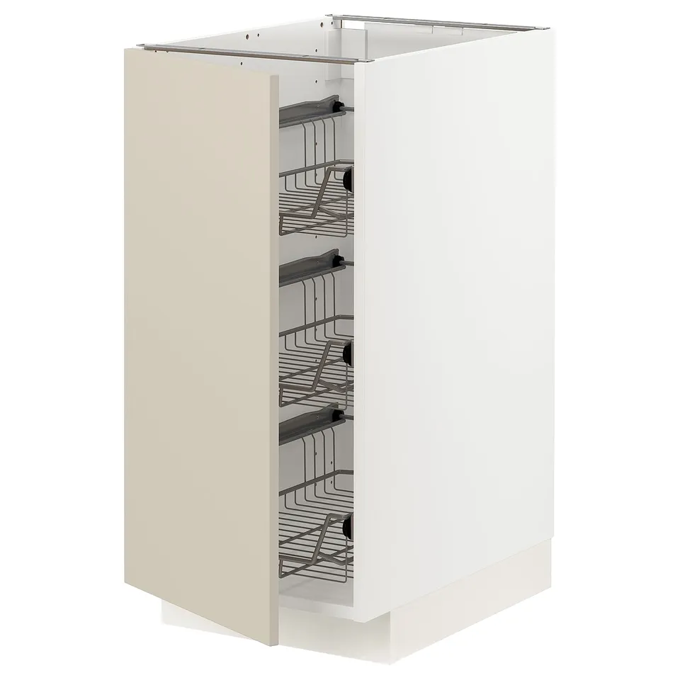 Ikea METOD white pull-out shelves, beige door, metal baskets.