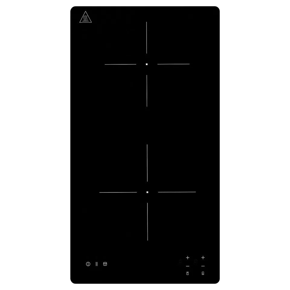 Black, glass-ceramic portable induction cooktop with two cooking zones, touch controls, sleek design.