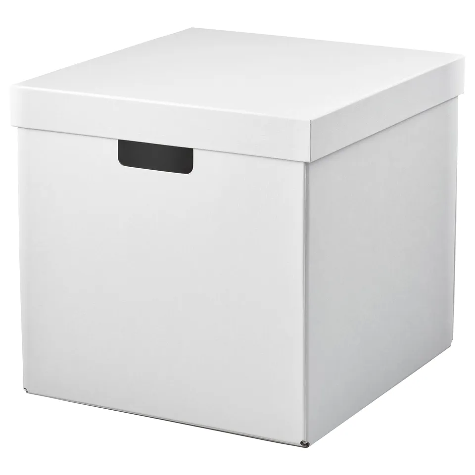 A white, rectangular FJÄDERHARV storage box with a lid and handle, made of recycled paperboard.