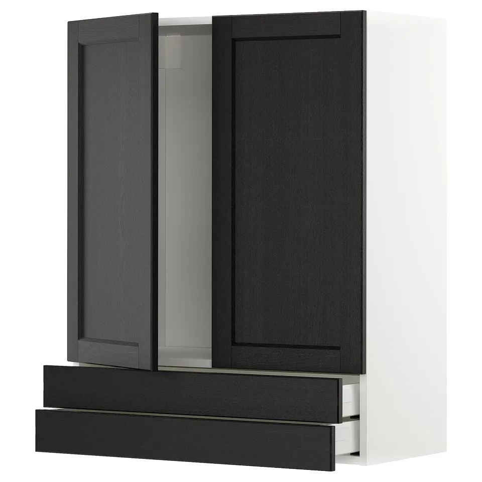 A dark grey METOD kitchen cabinet with black stained lerhyttan fronts, featuring a drawer and adjustable shelves.
