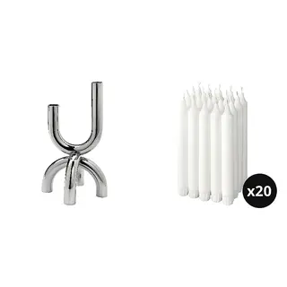 JUBLA/SNÖDUVA set: candlestick + unscented chandelier candle x20, for 2 candles silver-colour + white, 25 cm