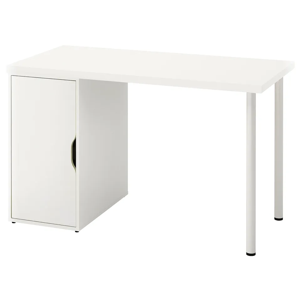 A white LAGKAPTEN desk. Its rectangular with sleek, modern legs and a built-in storage cabinet on one side.