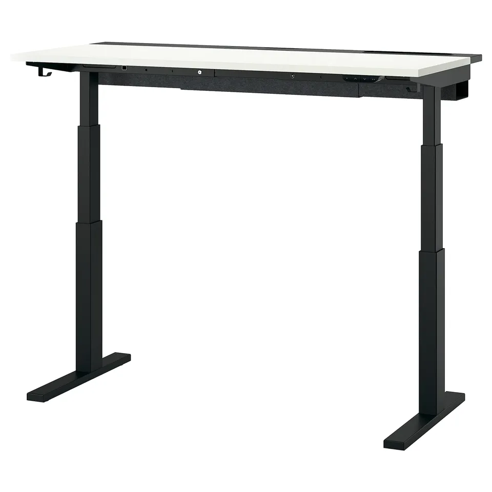 MITTZON desk: black metal legs, white top, rectangular, minimalist design.