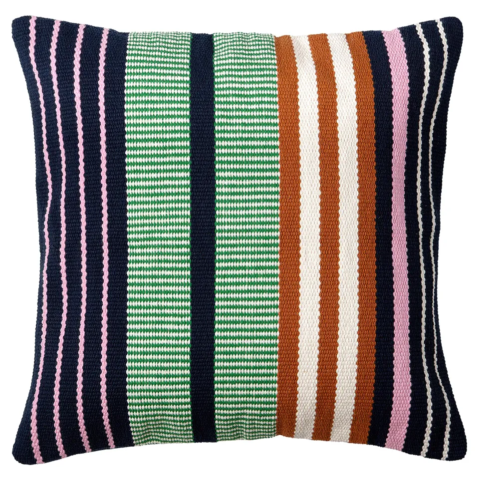 Handwoven MÄVINN cushion in blue, green, and orange stripes; cotton and polyester mix; square shape with zip closure.