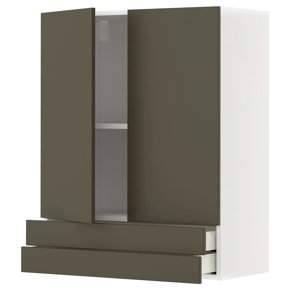 Modern dark brown kitchen cabinet with two doors and drawers. Sleek and minimalist design for contemporary spaces.