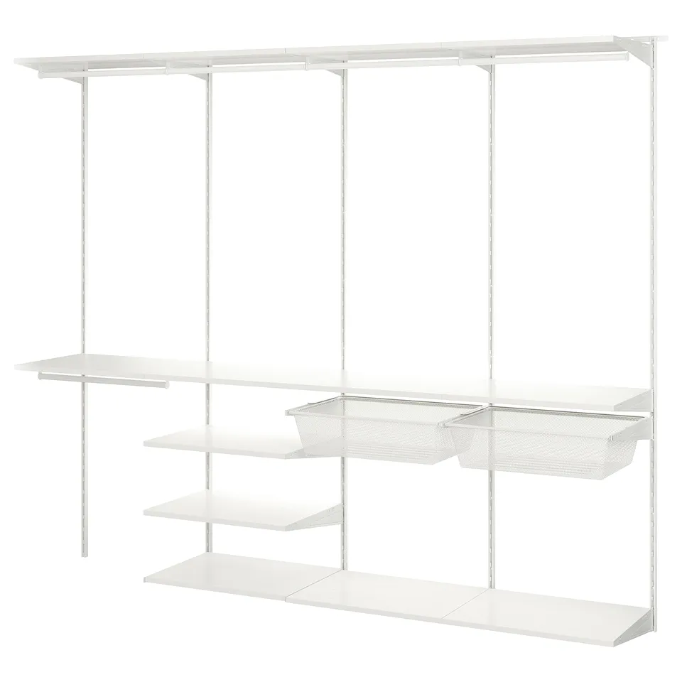 A white BOAXEL storage system featuring shelves and mesh baskets. Its designed for organising clothes and shoes, ideal for small spaces.