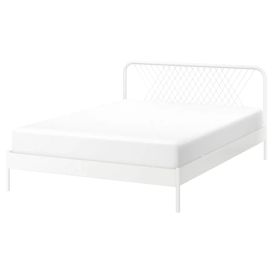 The NESTTUN bed is white with a net-patterned headboard and durable steel construction. Its simple, light design suits various styles.