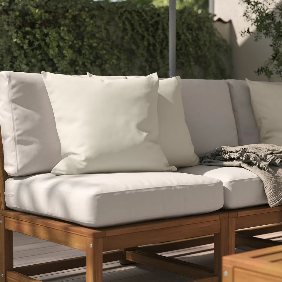 Patel: outdoor patio cushion, white, square, with wooden frame, comfortable and stylish.
