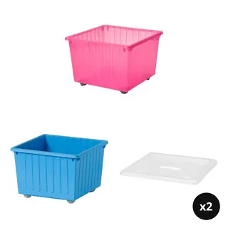 VESSLA set: storage crate with castors + storage crate with castors + lid x2, light pink + blue + white, Length 39 x Width 39 x Height 28 cm