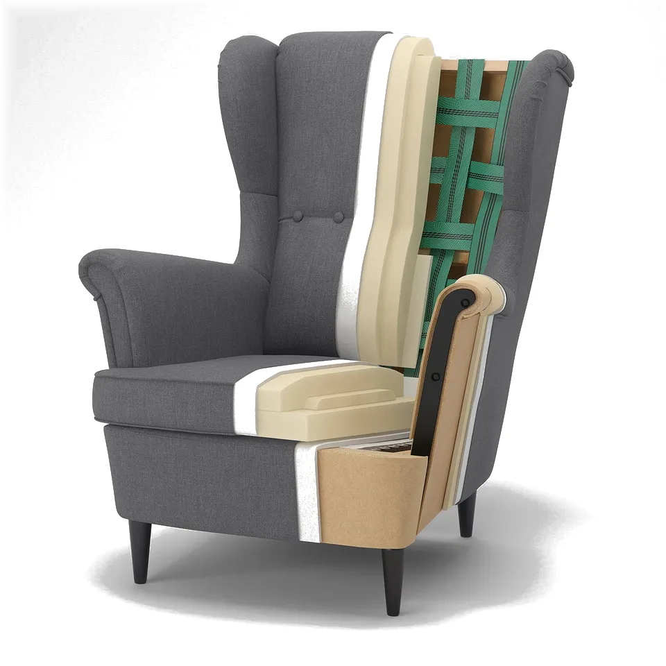 Armchair breakdown: fabric, foam, webbing, particleboard, plywood, wood legs