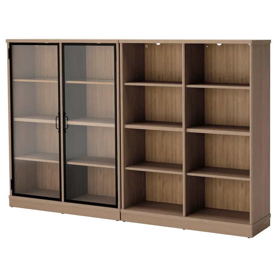 A beige wooden bookcase with glass doors. It multiple open shelves and two sliding glass doors on the left, framed in black.