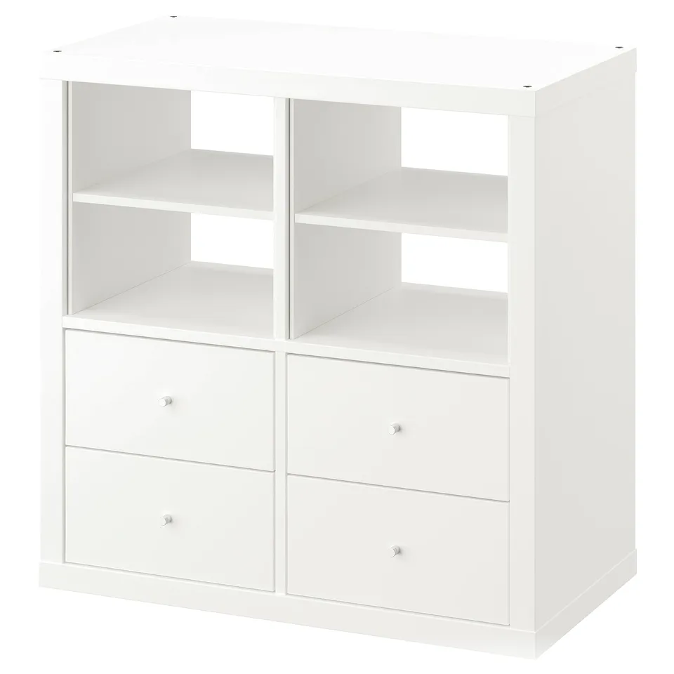 White KALLAX storage unit with drawers and shelves.