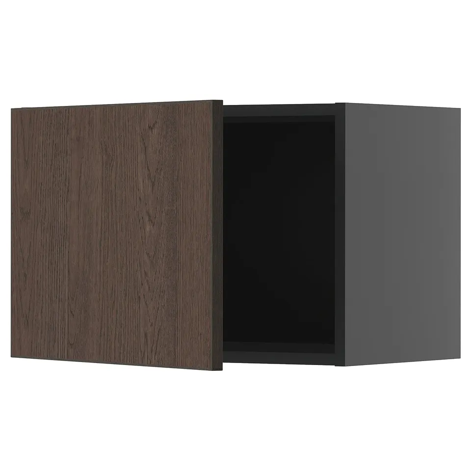 A dark brown modern kitchen cabinet with a wood-textured door. It's sleek, rectangular, and part of the METOD system.