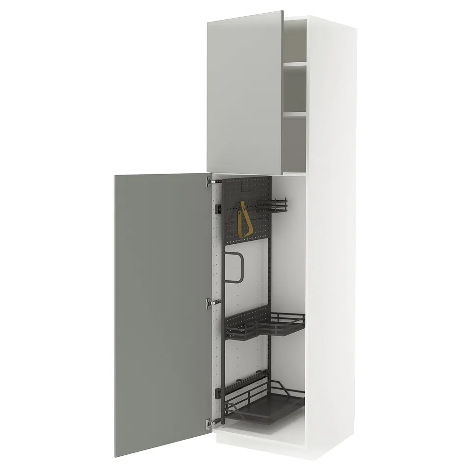 METOD white kitchen cabinet with grey door, steel interior, shelves, and modern clean design.