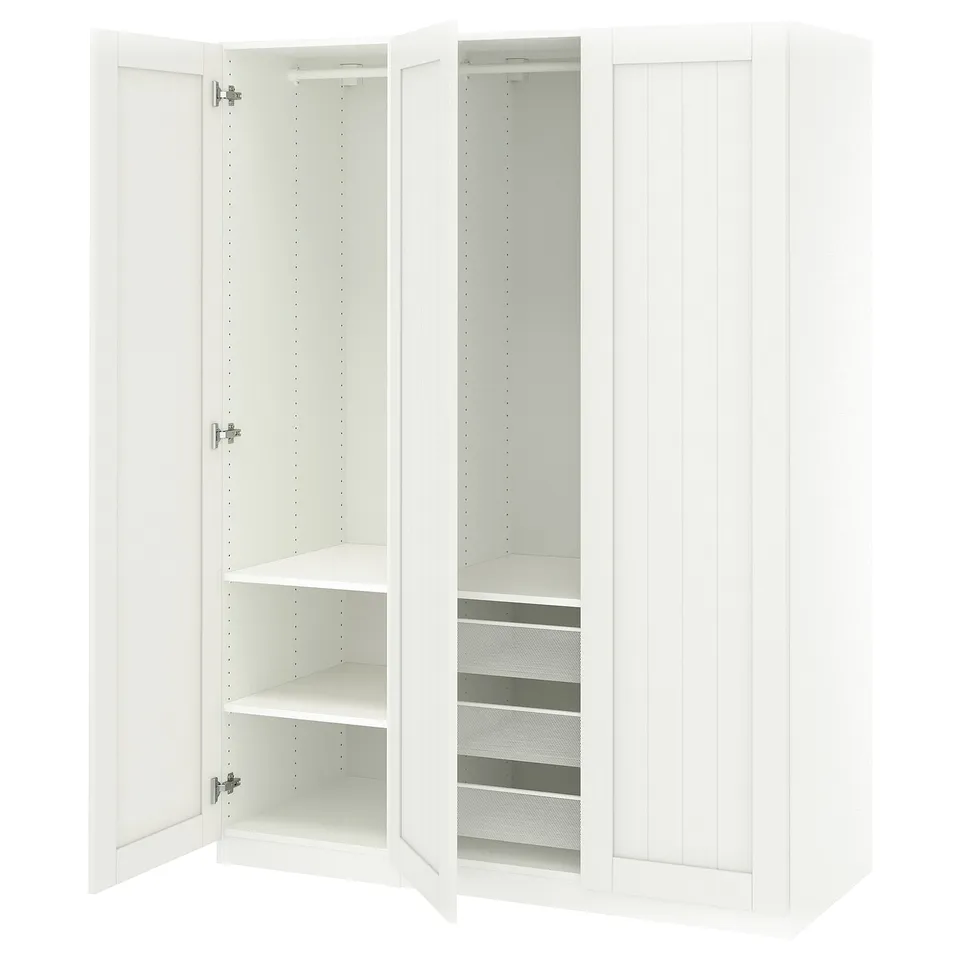 White PAX wardrobe with mesh baskets, adjustable shelves, and soft-close hinges.