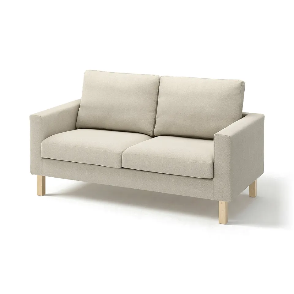 A beige SALTSJÖBADEN 2-seat sofa with wooden legs and cushioned back and seats.
