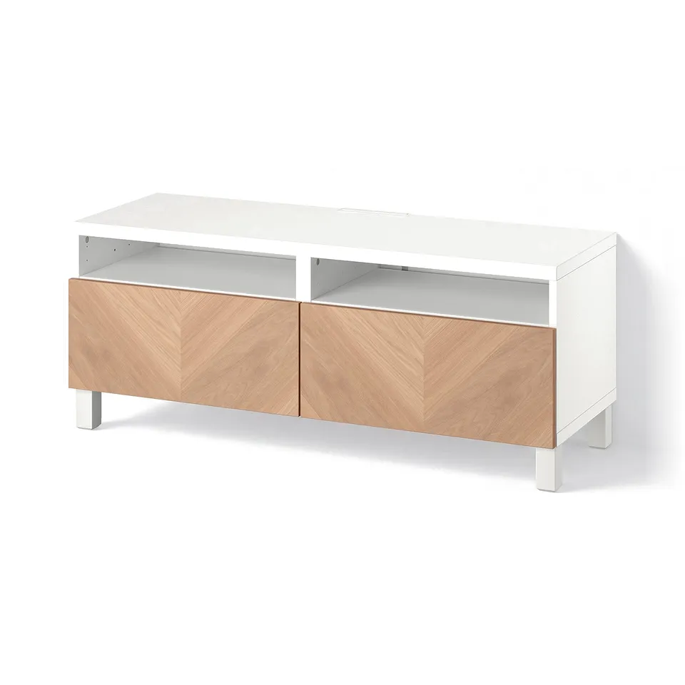 BESTÅ TV bench with drawers, white/Hedeviken/Stubbarp oak veneer, 120x42x48 cm