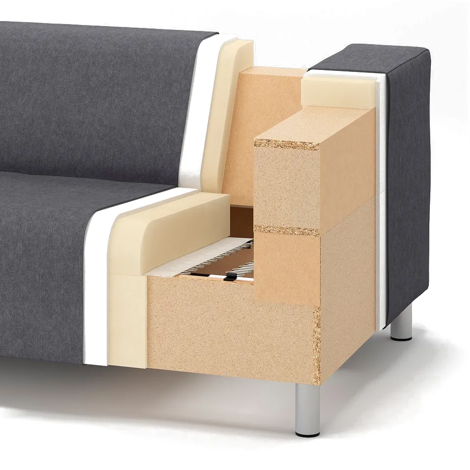 Cut-away sofa showing layers: fabrics, foam, plywood, steel legs.