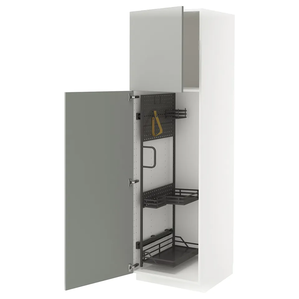 A METOD kitchen unit with light grey havstorp doors, featuring a modern design with multiple compartments and a steel handle.