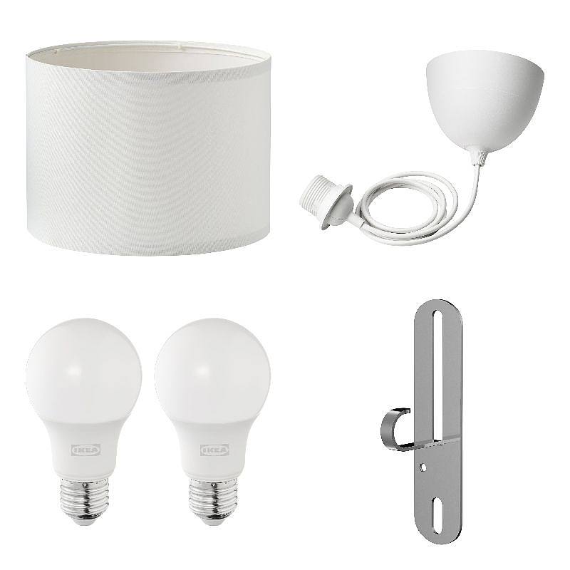 FÖRUT/HAVSDJUP/RINGSTA/SOLHETTA set: lamp shade + cord set + LED bulb E27 470 lumen + pendant/ceiling lamp hook, white + globe opal white, 33 cm