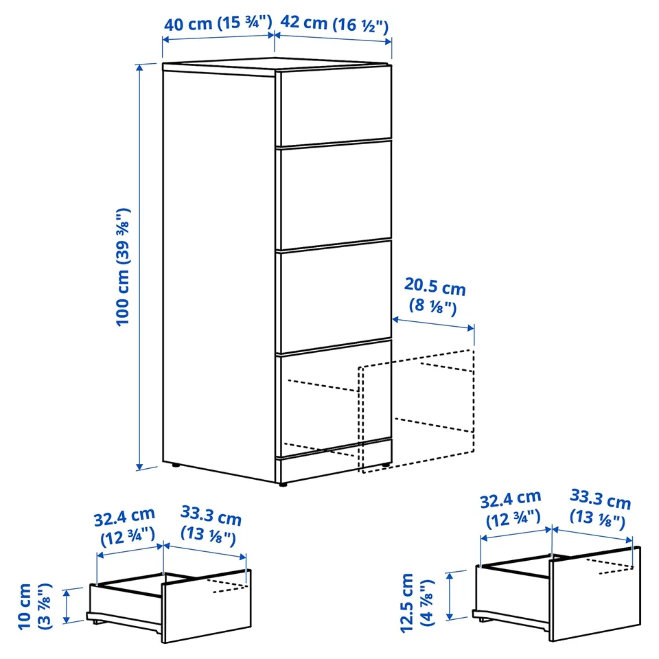 LASTARE Chest of 4 drawers, white, 40x42x100 cm