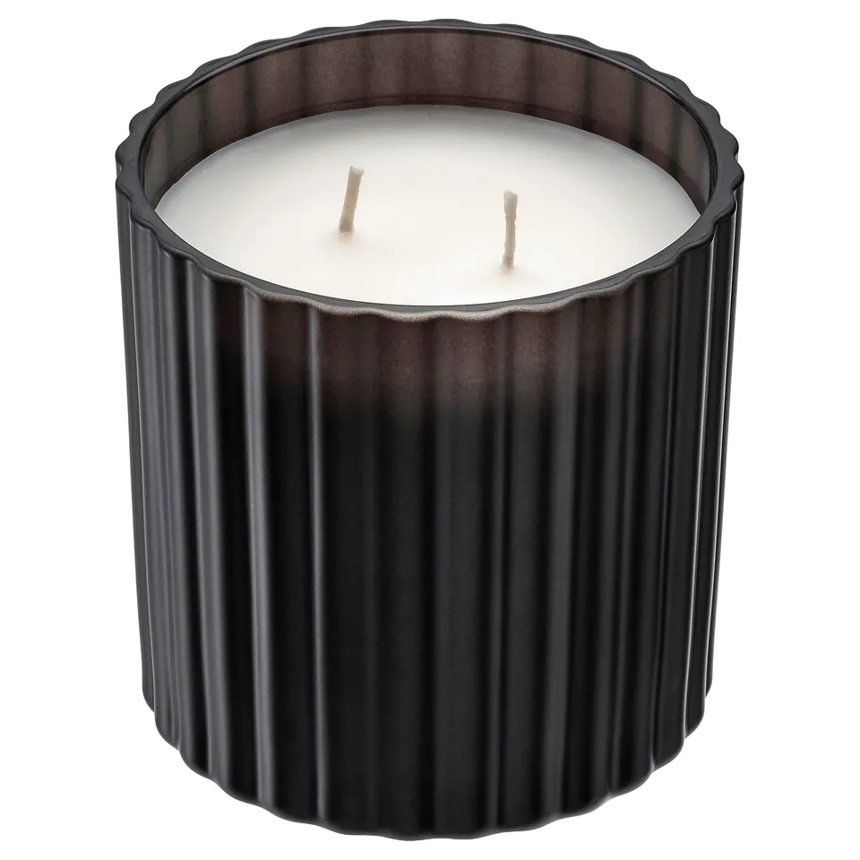 TOFSTÄRNA Scented candle in glass, 2 wicks, Sandalwood & patchouli black, 50 hr