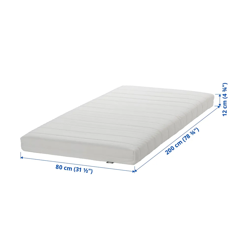 A rolled white foam mattress, measuring 80 x 200 cm. It a textured, quilted cover suitable for a day-bed.
