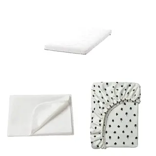 GRÖNFINK/LEN/SKÖNAST set: foam mattress for cot + mattress protector + fitted sheet for cot, white + white/tree pattern, 60x120x8 cm