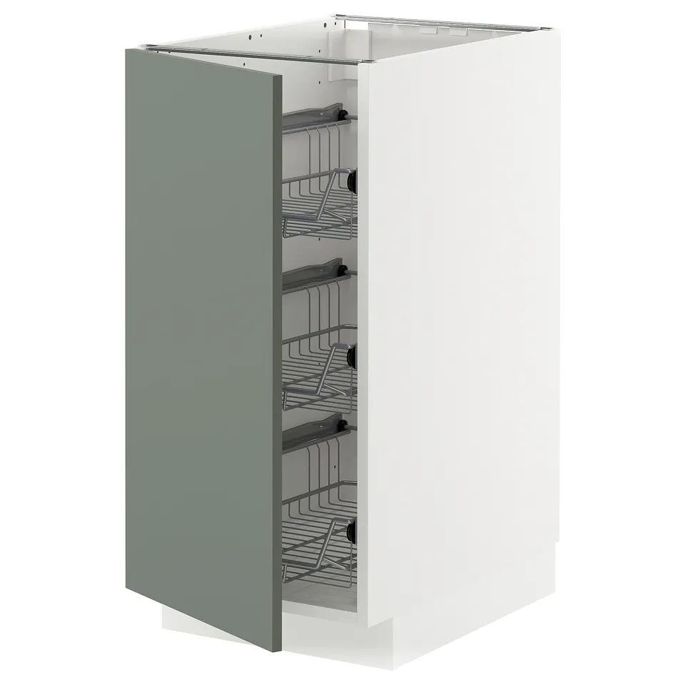 METOD kitchen cabinet, grey-green, wire baskets, pull-out shelves, sleek design.