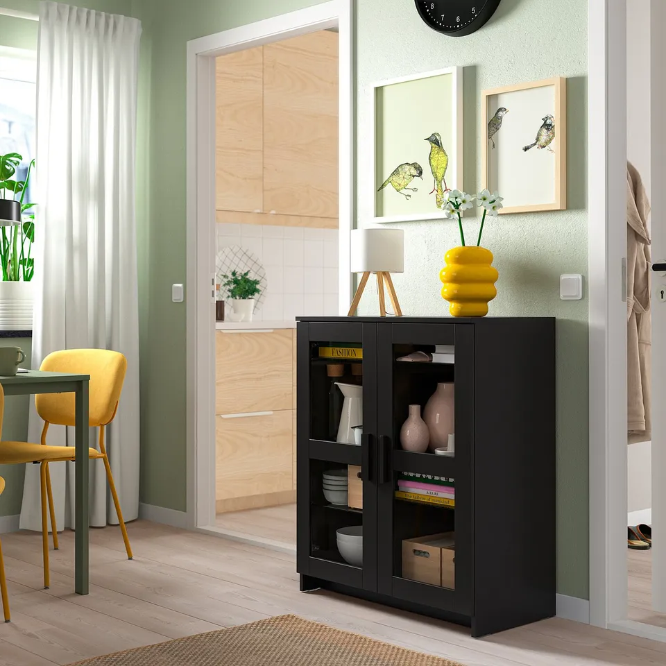 BRIMNES Cabinet with doors, glass/black, 78x95 cm
