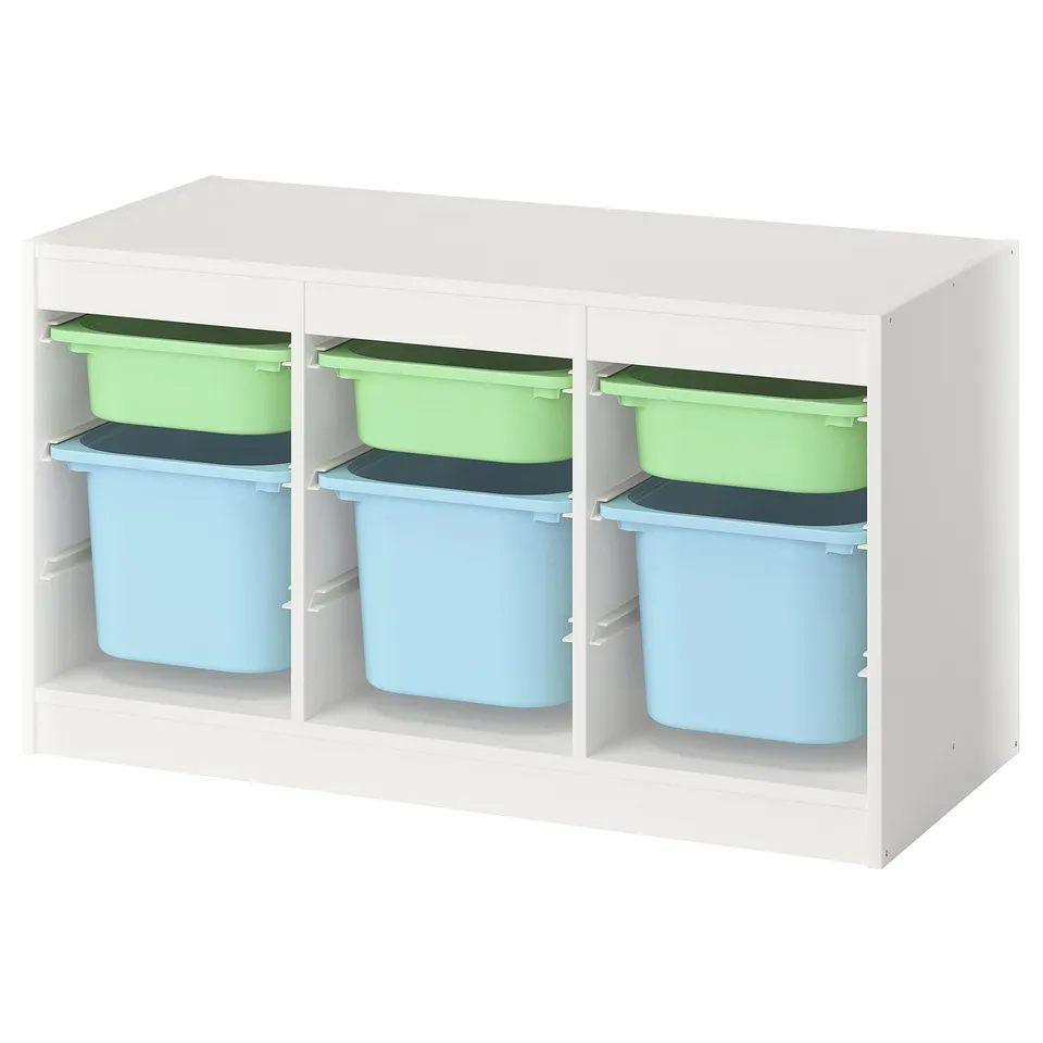 White TROFAST unit with colourful green, blue, grey bins. Ideal for organising kids toys.