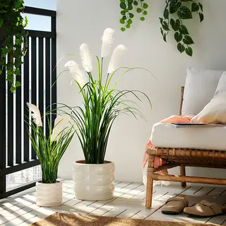 FEJKA/HASSELBUKETT set: artificial potted plant + plant pot, in/outdoor/grass + in/outdoor/beige, 17 cm