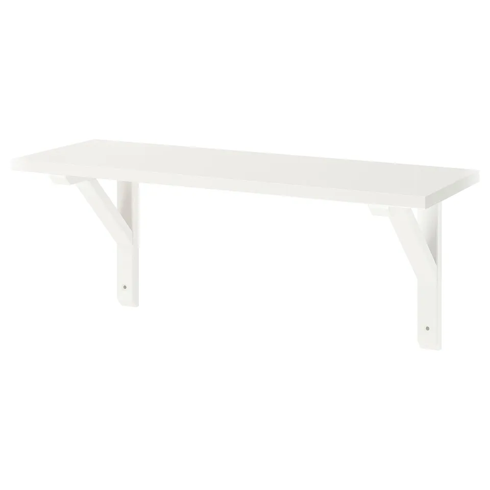 BURHULT white shelf, simple, rectangular, angled brackets.