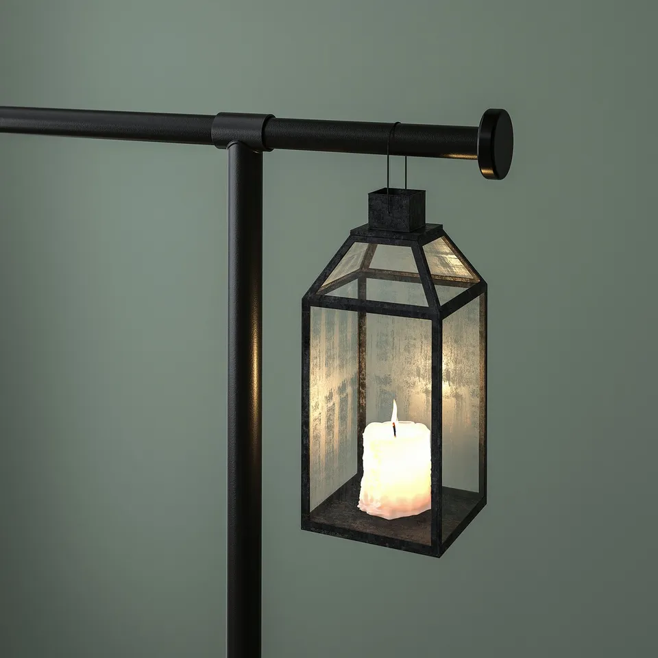 Tabletop rod with hanging lantern and candle. Indoor/outdoor use. Decorative & sturdy.