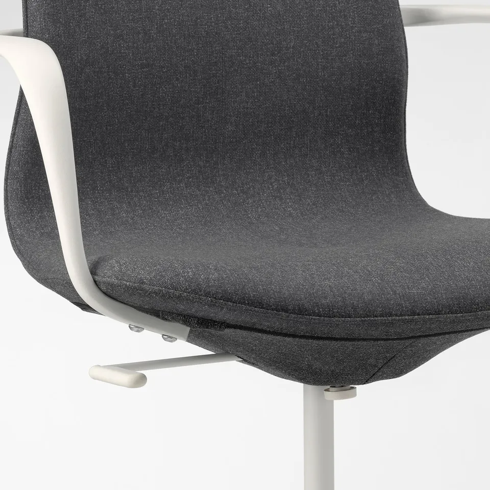 Office chair with adjustable seat height, lumbar support, and tilt function, shown in grey with white accents.