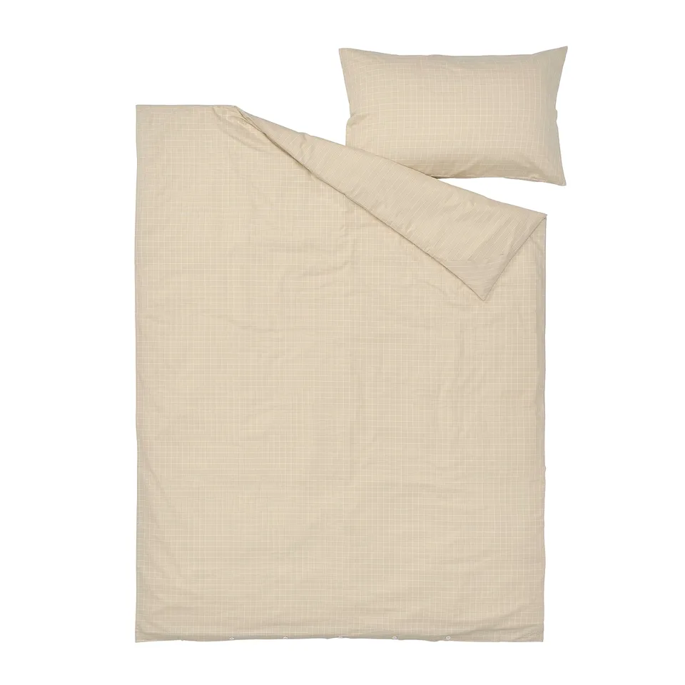 DOFTAKLEJA beige duvet cover & pillowcase, 100% cotton, check & stripe pattern, rectangle shape, with corner holes & pockets.