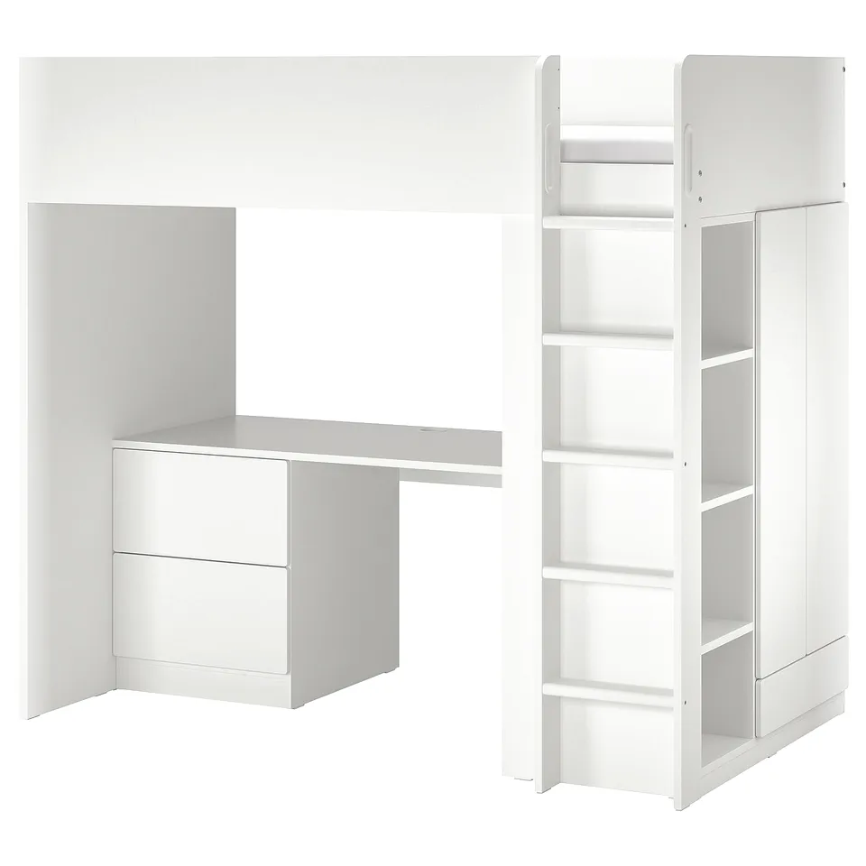 White SMÅSTAD loft bed with desk, drawers, and shelves. Modern, compact design for small spaces.