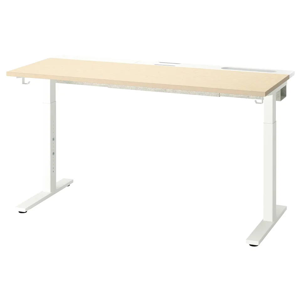 MITTZON desk, light wood top, white legs, adjustable height, clean design.