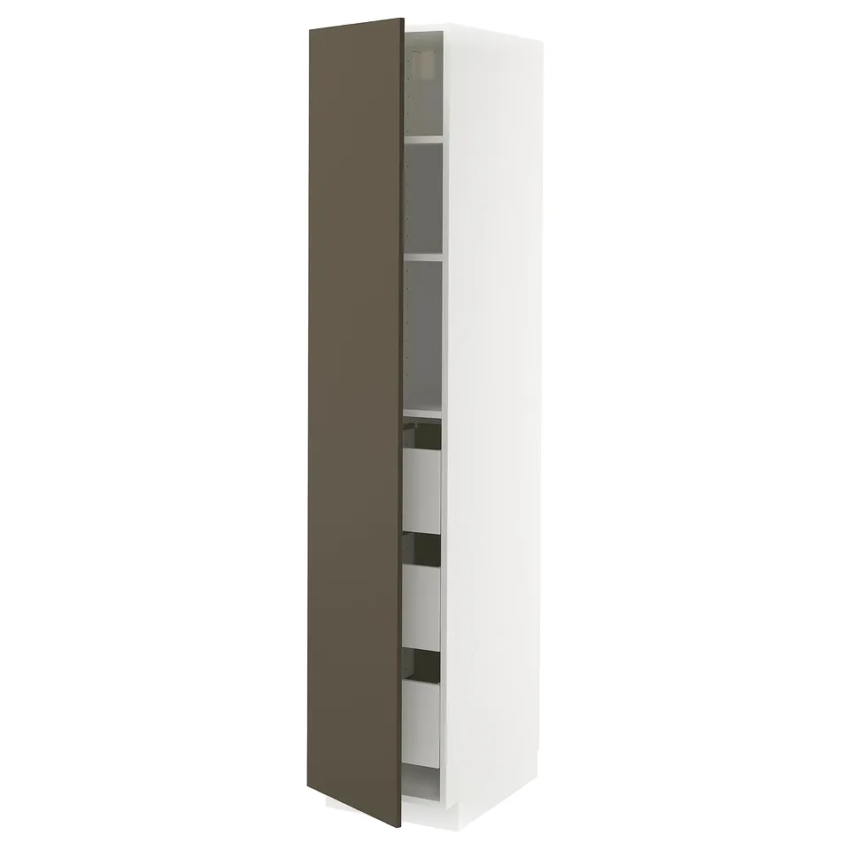 METOD tall cabinet in dark brown with white shelves.