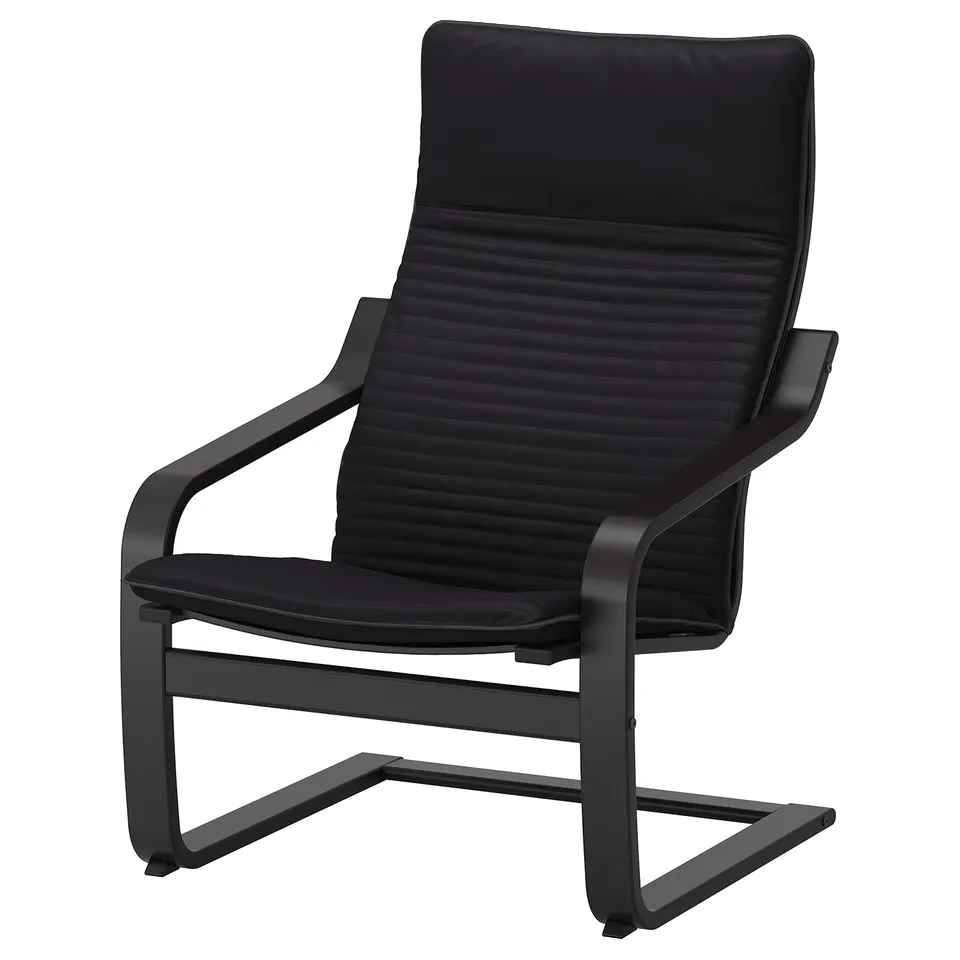 Black leather POÄNG armchair with curved back and armrests.