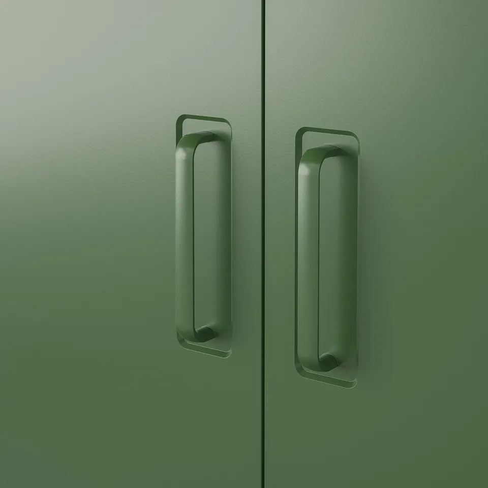 Two green doors with sleek, modern handles and a smooth finish. Modern green doors with minimalist handles.