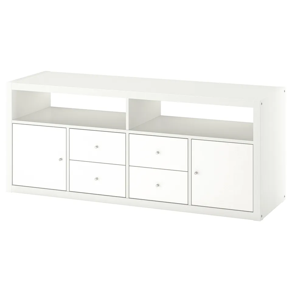 White KALLAX tv stand with storage compartments and drawers.