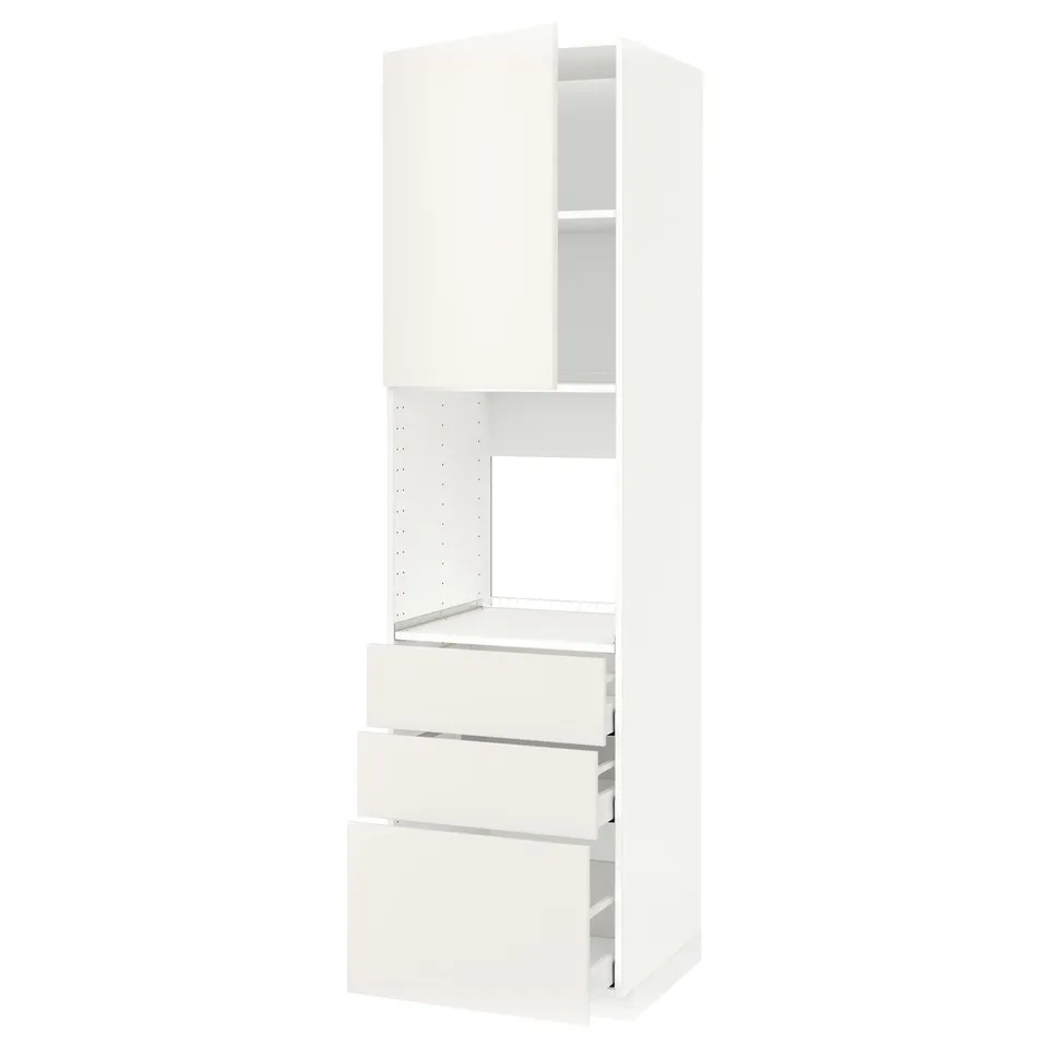 White METOD kitchen unit. Vertical shape with shelves and drawers.