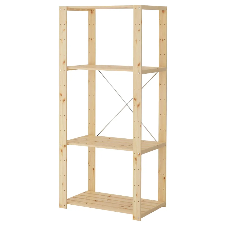 An IKEA HEJNE wooden storage unit, light blonde colour, rectangular shape with three shelves and metal support braces.
