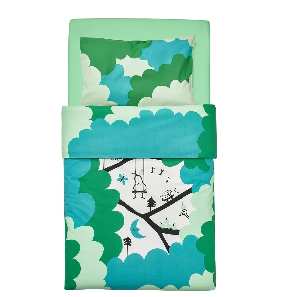 GRÖNFINK bedding set: green & blue leaf pattern, cotton & viscose, fitted sheet & pillowcase for baby cot.